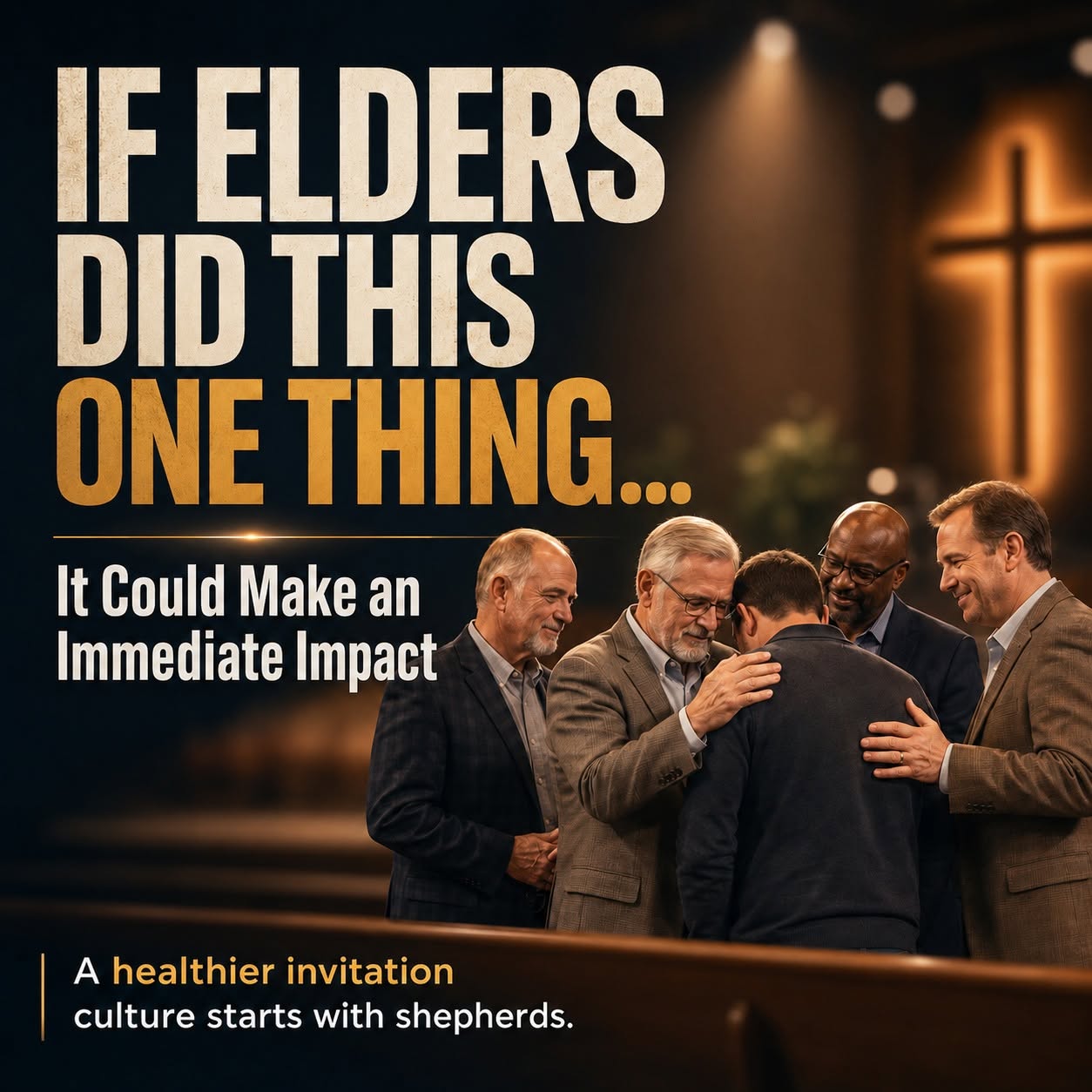 Elders standing at the front of the auditorium during the invitation song