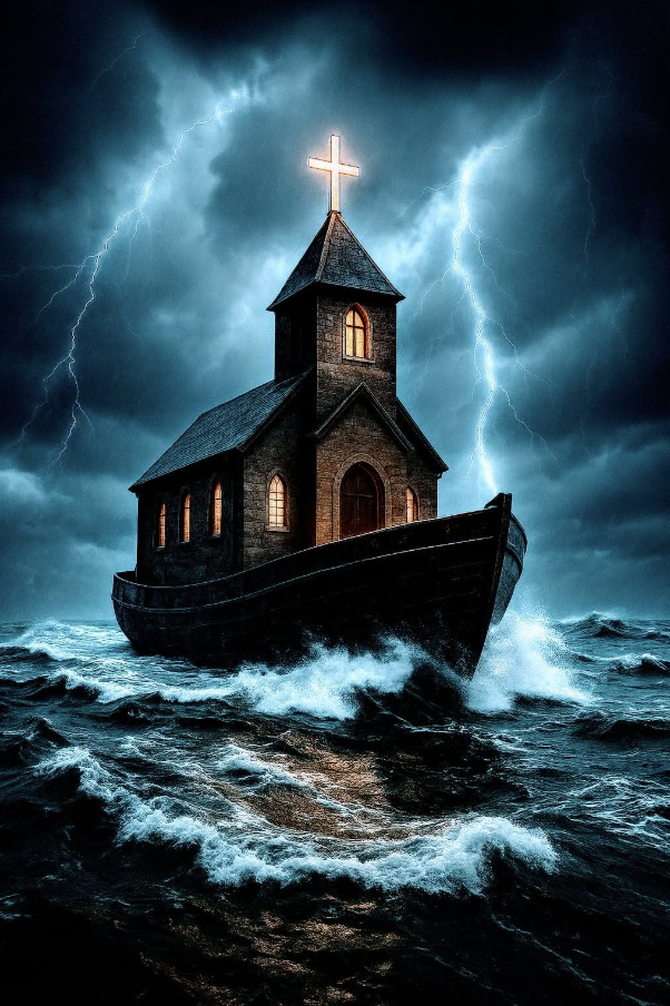 A weathered church built into the hull of a ship sailing through a stormy sea, its lit cross glowing atop the steeple