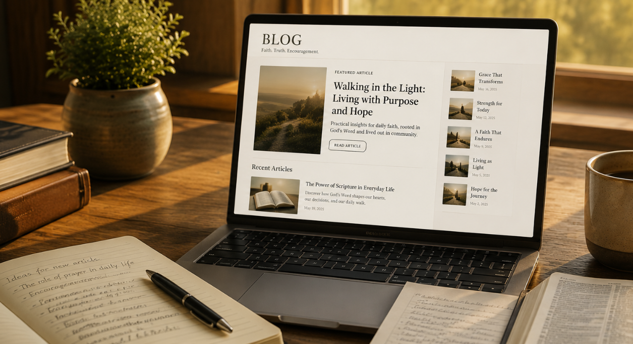 A laptop showing the blog, open next to a notebook, pen, coffee, and an open Bible